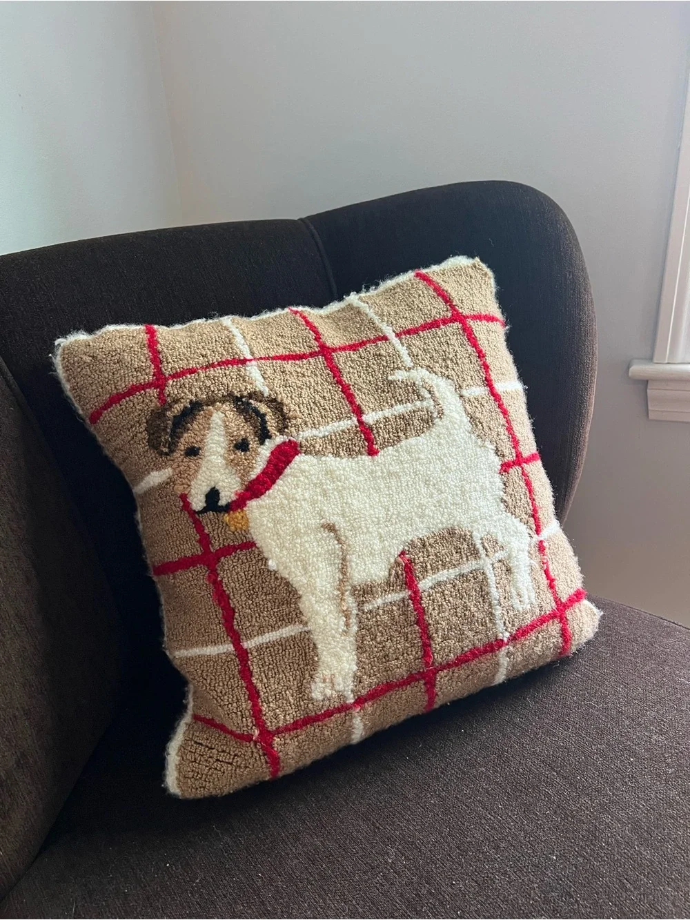 Beige & Red Plaid Jack Russell Terrier Dog Accent Pillow